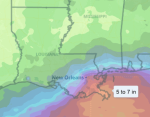 Example forecast rain map of Louisiana, covered in multicolored data contours. A small white label that reads "5 to 7 in" is superimposed over orange colors in the southeastern corner of the state.